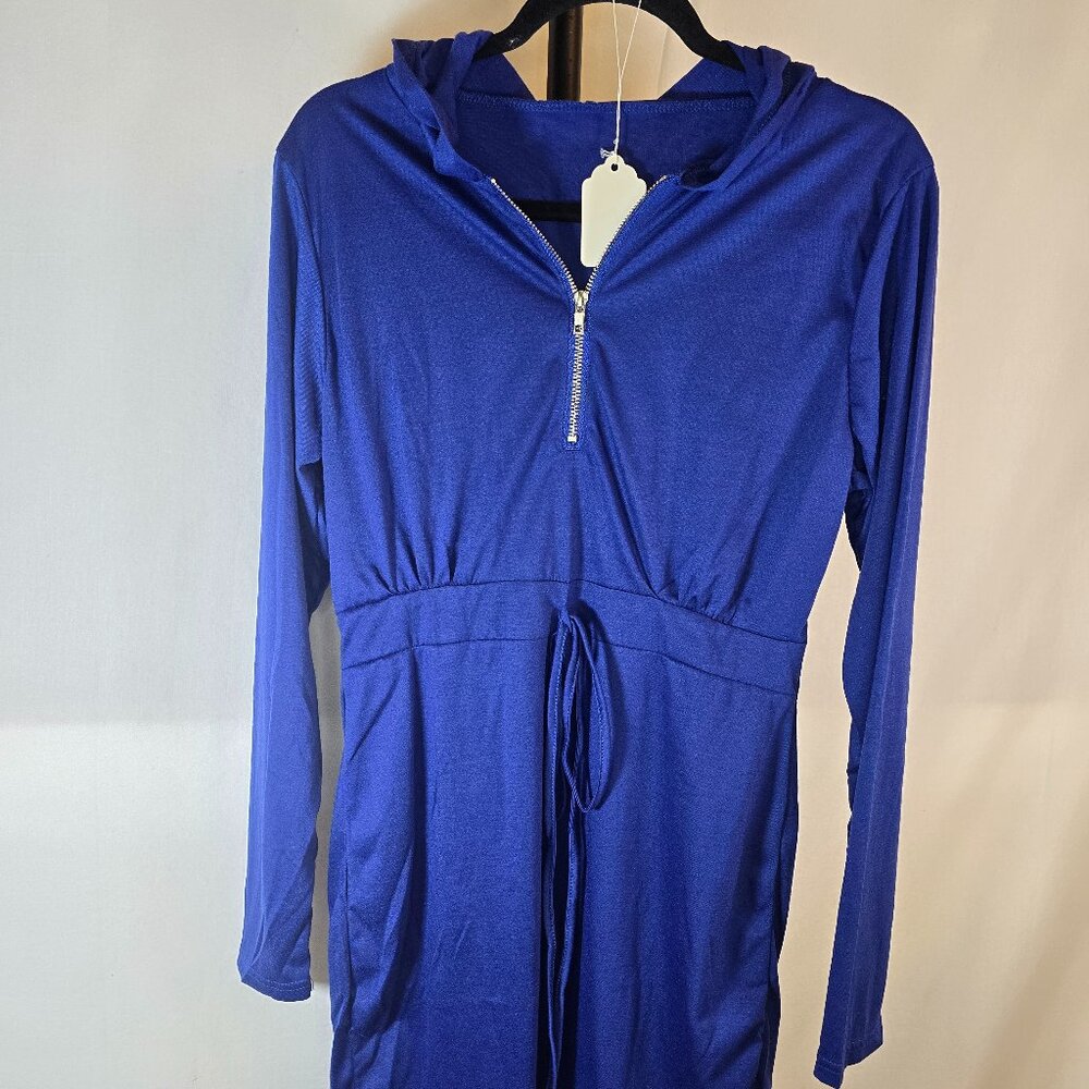 Women’s Long Sleeve Hooded Zip-Front Dress in Cobalt Blue